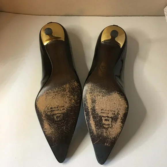 ST JOHN Black Soft Patent with Matte Gold Heel Pumps - Picture 13 of 15